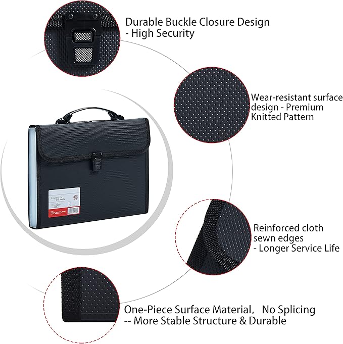 Legal Size 13 Pocket Accordian File Organizer Expanding File Folder for FC A4 Paper, Briefcase File Case with Durable Handle & Buckle Closure for School Home & Business (Black-2)