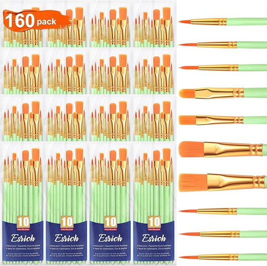 ESRICH Paint Brushes Set,16 Packs 160 Pcs Acrylic Paint Brush Set,Acrylic Oil Watercolor, Face Nail Art, Miniature Detailing,Rock Painting,Painting Artist Professional Kits(Green)