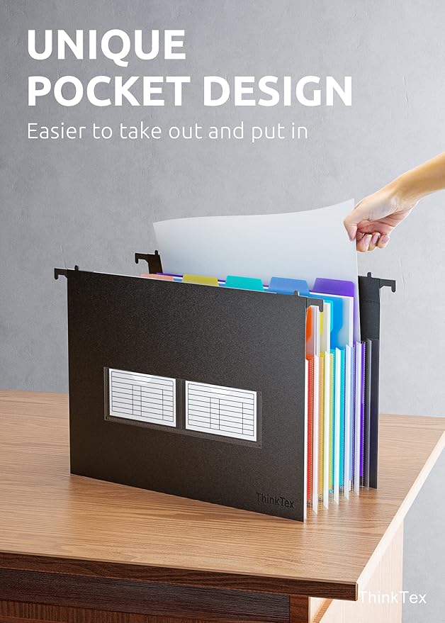 ThinkTex Plastic Expanding Hanging File Folders, 7 Innovative 1.2" Accordion Pockets, Large Capacity, Multi-Color Tabs, Letter Size for Filing Cabinet - 1 Pack