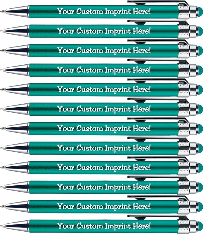 Personalized Pens with Stylus Tip -Bright Vibes- Click action - Custom - Black writing - Printed Name pens - Imprinted with Your Logo or Message - FREE PERSONALIZATION - 12 Pens/Box (Teal)
