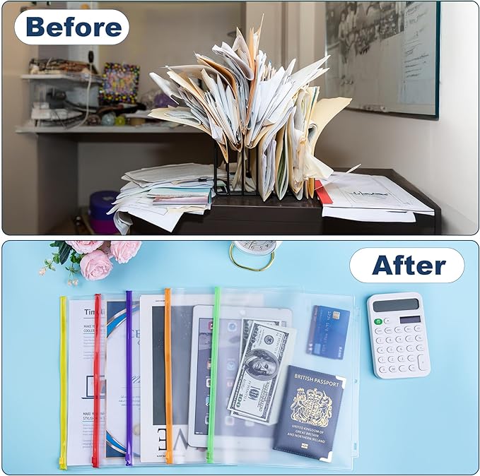 Antner 50PCS Letter Size Binder Pockets for 3 Ring Binder, 10 Assorted Colors Zipper Pouches Waterproof PVC Document Organizer File Folders 3-Hole Loose Leaf Insert Bags Page Sleeves Sheet Protectors