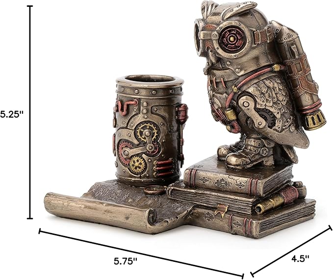 Veronese Design 5 1/4 Inch Steampunk Owl Cell Phone Holder Pen Holder Resin Sculpture Bronze Finish Statue Desk Stand Home Decor Aviation Bird Animal Gift