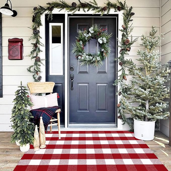 Buffalo Plaid Outdoor Rug, 3'x5' Red&White Christmas Check Indoor/Outdoor Area Rug, Layering Rug for Hello/Welcome Door Mat, Machine Washable Cotton Woven Rug for Farmhouse Front Porch, Entryway
