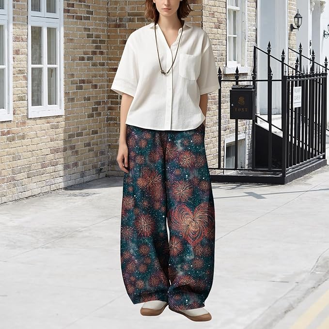 Zaswen Women's Oversize Loose Fit Breathable Pants Wide Leg Lounge Pants Fashion Casual Fireworks Print Trousers with Pockets
