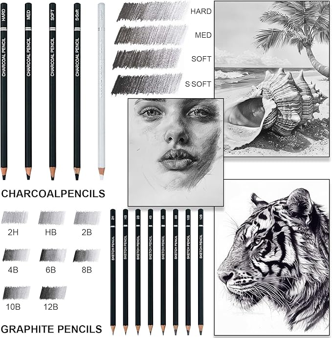 Charcoal Pencils for Drawing, Set of 22, Professional Drawing Sketch Pencils, Charcoal Art Supplies for Sketching, Shading, Artist Charcoal Supplies for Beginners & Pro Artists.
