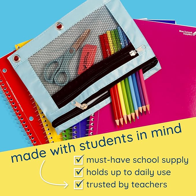 Blue Summit Supplies Pencil Pouches, Bulk Pencil Pouch 6 Pack in Assorted Colors for Storing School Supplies, Writing Utensils, and more, Cloth Zipper Pouches for 3 Ring Binders, 6 Count