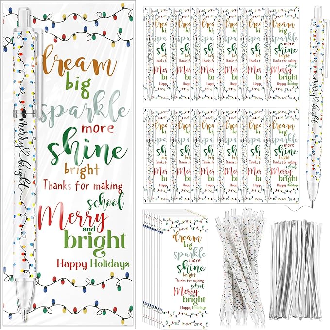25 Sets Christmas Pens Bulk Christmas Employee Appreciation Gifts Bulk String Lights 0.7 mm Mechanical Pencils with Bookmarks Coworkers Xmas Gifts for Staff Teacher Office Team