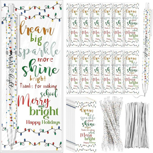 25 Sets Christmas Pens Bulk Christmas Employee Appreciation Gifts Bulk String Lights 0.7 mm Mechanical Pencils with Bookmarks Coworkers Xmas Gifts for Staff Teacher Office Team