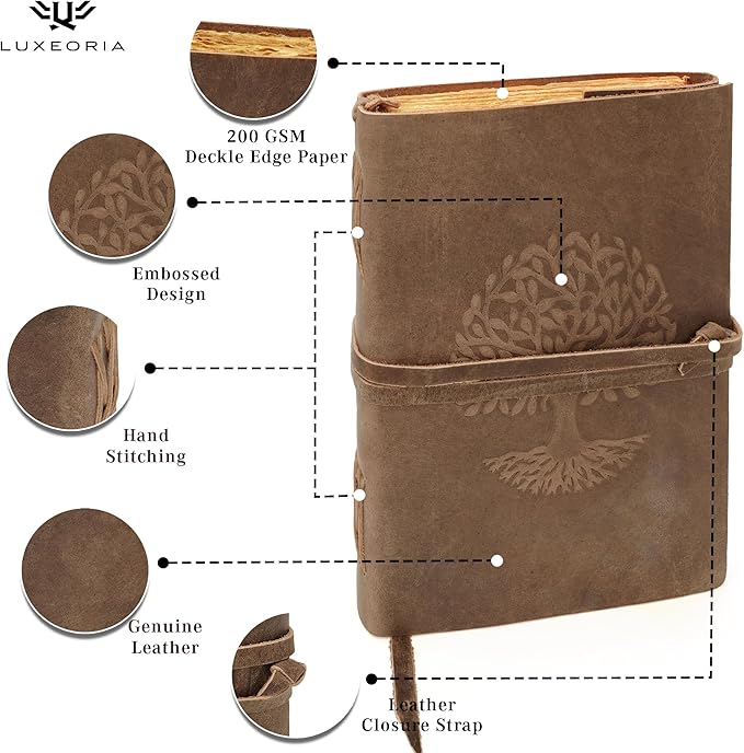 LUXEORIA Tree Of Life Leather Journal for Women and Men, Handcrafted Leather Journal for Writing Womens, Sketchbook, Travel Diary with Unlined Deckle Paper, Distressed Brown 7x10