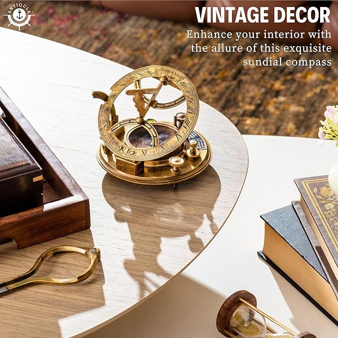 Antique Look Brass Vintage Sundial Compass with Wooden Box, Fully Functional Nautical Home Decor Ship Navigation Sailor Sundial Clock, Gift Item J.H.Steward Ltd. Strand London with Chart