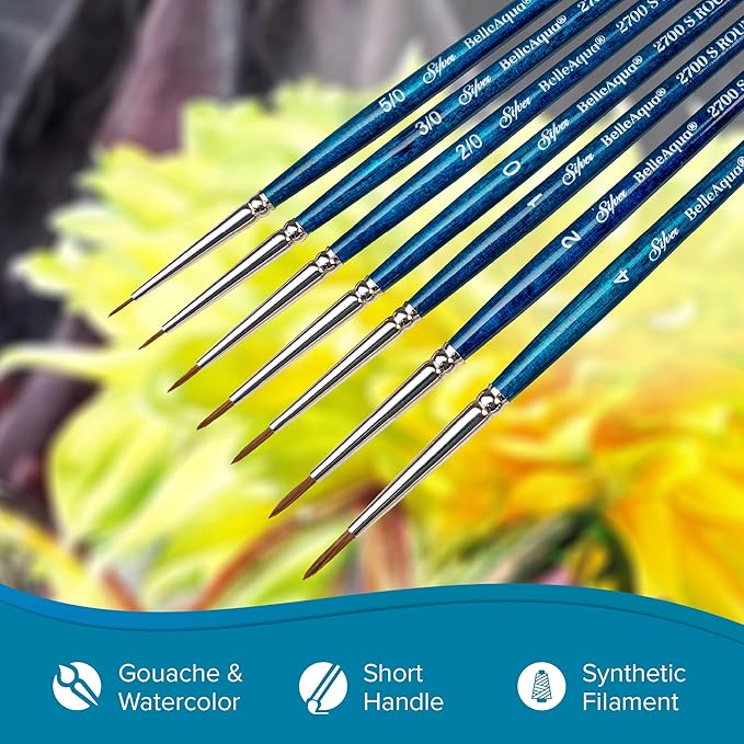 Silver Brush Limited BA-2761S BelleAqua Creative Shape 2pc Dagger Striper Watercolor Brush Set, Professional Soft Synthetic Red Sable Short Handle Artist Painting Brushes, Sizes 1/4 and 3/8 Inch