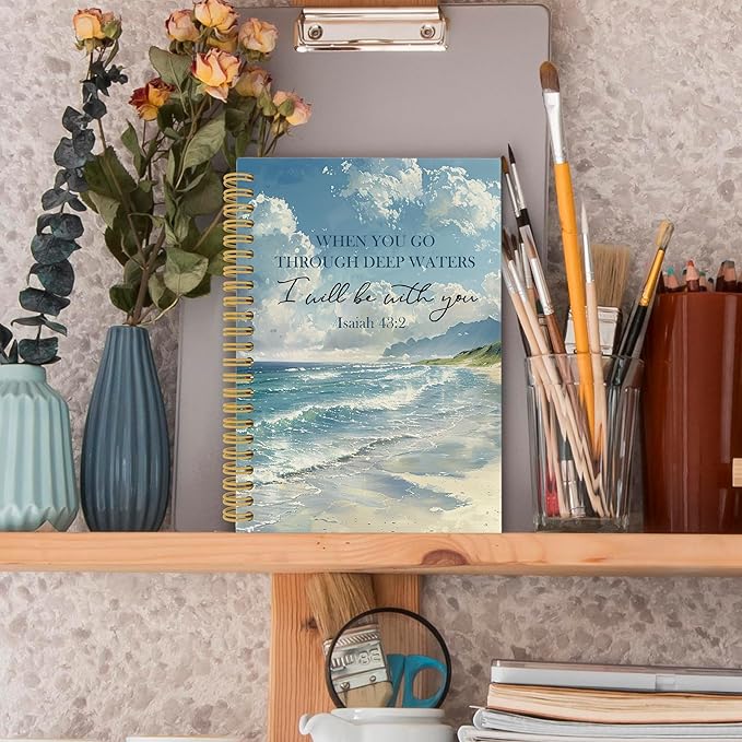 Ocean Christian Spiral Notebook, Coastal Bible Journaling Notebooks for Women Men, Religious Beach Hardcover Journals for Office 160 Pages 5.5 x 8.3 Inch, Scripture Gifts for Women Faith