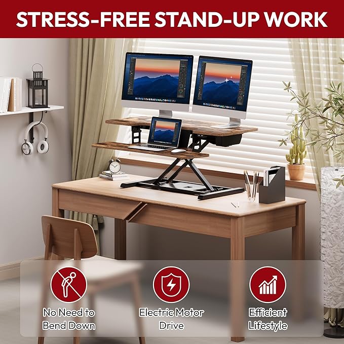 SANODESK Standing Desk Converter with Electric Motor 40" Height Adjustable Riser for Office Home,Dual Monitor and Laptop Workstation with Large Keyboard Tray,Rustic Color