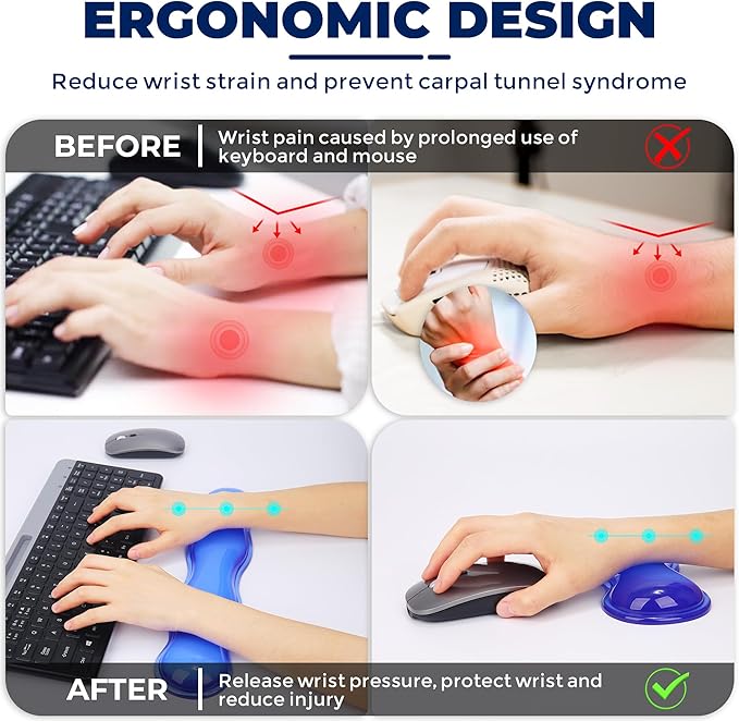 Gel Wrist Rest for Keyboard and Mouse, Wrist Rest for Keyboard, Mouse Wrist Support, Pain Relief, Cool Touch, Non-Skid, Keyboard Wrist pad