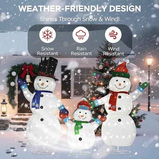 62"/60"/35" Large 3D Pop-Up Snowman Set, Lighted Snowman Family Outdoor Christmas Decor with 250 Warm White LEDs, Ground Stakes, Holiday Lawn Yard Garden Decorations, Set of 3