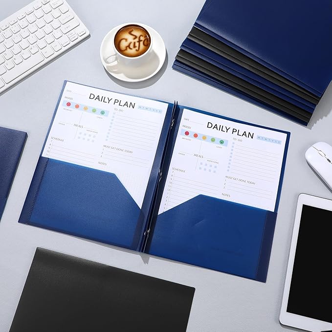 Patelai 48 Pcs Plastic Folders with 2 Pockets and 3 Prongs Home Folders with Card Slot Letter Size Heavy Duty Report Covers for Back to School(Navy Blue,Black,Classic)