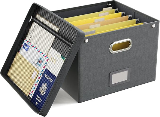 Oterri File Organizer Box with Lid,Large Hanging Filing Box with Mesh Pocket, Document Organizer for Letter Files, Portable Storage Case with Smooth Sliding Rail for Office&Home (1 PCS, Dark grey)