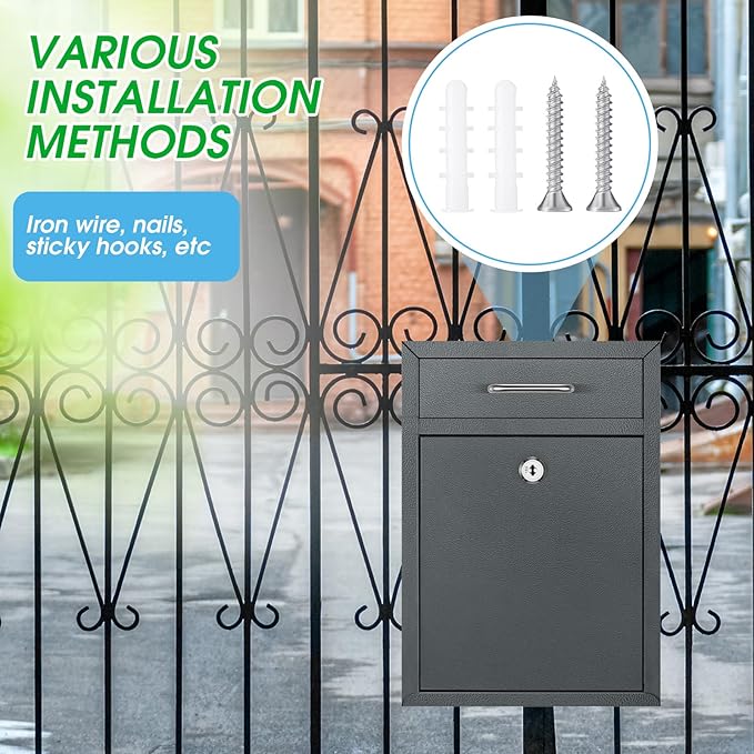 Locking Mailbox with Key for Outdoor 12.2 x 8.5 x 3 Inches Large Wall Mount Mail Box with Lock Security Mail Drop Metal Collection Boxes Hanging Secure Postbox(Dark Gray)