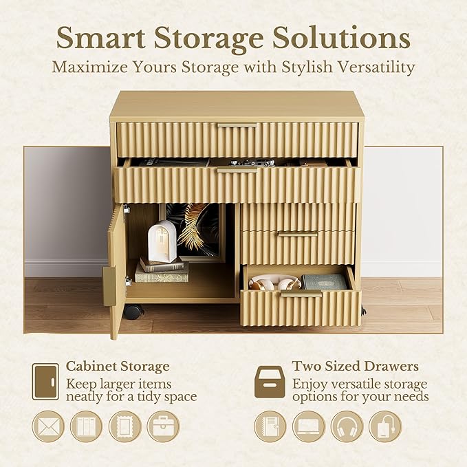 Fluted File Cabinet with 5 Drawers, Large Storage with Cabinet Door, Mobile Filing Cabinet with Locable Wheels for Home Office, Light Walnut