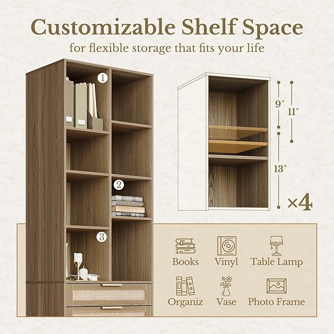 Bookshelf with 2 Drawers and Doors, 73 Inch Rattan Tall Bookcase with 4-Tier Storage Shelves, Wooden Book Shelf for Home Office, Light Oak