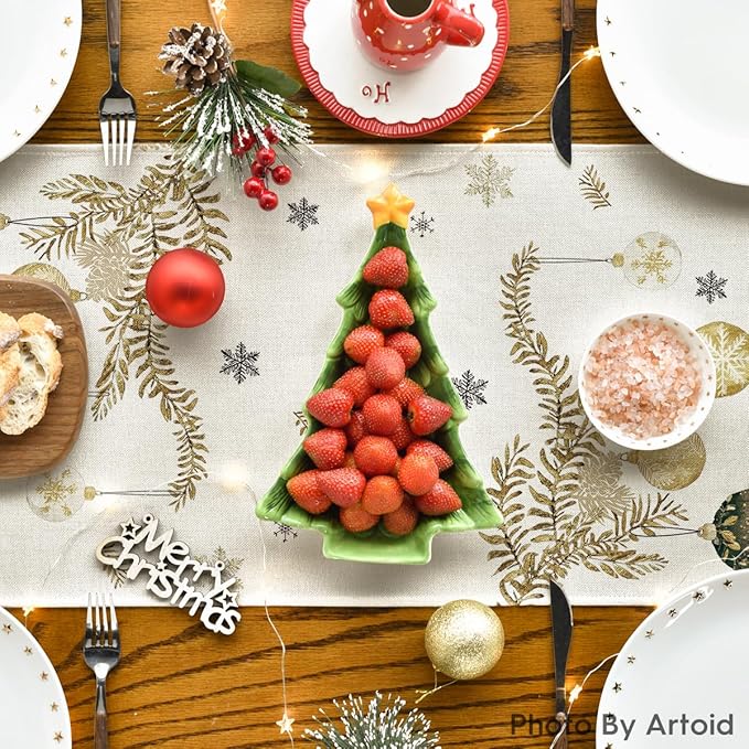 Artoid Mode Pine Trees Snowflake Merry Christmas Table Runner, Winter Xmas Holiday Kitchen Dining Table Decoration for Home Party Decor 13x72 Inch