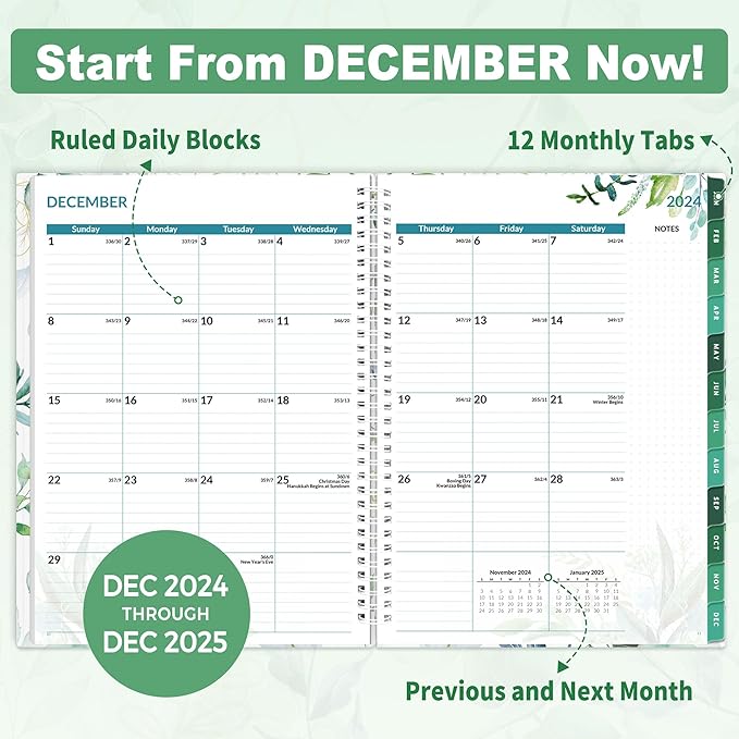 SUNEE 2026 Weekly and Monthly Planner - from January 2026 - December 2026, 8.5"x11" Daily Agenda Planner with Monthly Tab, Flexible Cover, Note Pages, Pockets, Bookmark, Spiral Binding, Eucalyptus