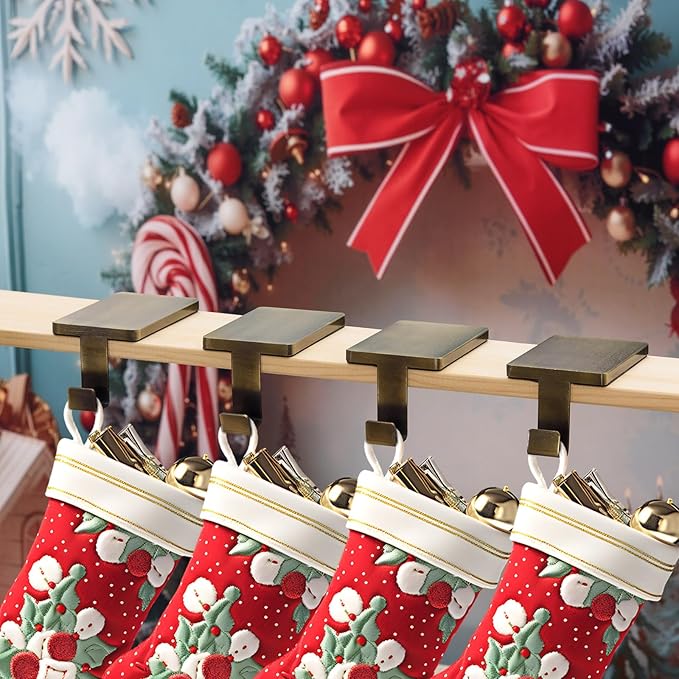 2 Pcs Christmas Stocking Holder for Mantel Fireplace Metal Stocking Hangers Hanging Hooks Heavy Duty Weighted Stocking Holder Bases for Xmas Shelf Fireplace Stair Decor (2, Bronze)