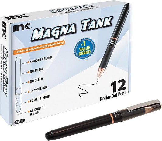 Inc. Magna Tank Gel Pen - Bulk 0.7-mm Medium-Point Roller Pens with Comfort Grip for School, Office, Writing, and Journaling, 12 Count Pack, Black Ink
