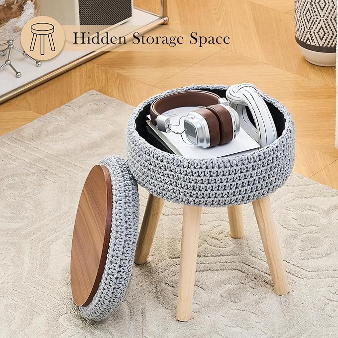 Round Foot Stool Ottoman with Storage Footrest with Wood Legs Cotton Knitted Vanity Stool Tray Top Coffee Table Multifunctional Upholstered Footstool for Living Room Bedroom Grey
