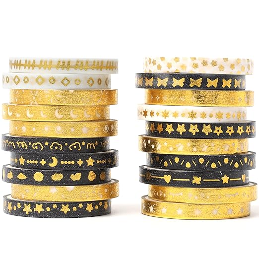YUBX Skinny Gold Washi Tape Set Basic Foil Print Decorative Masking Tapes for Arts, DIY Crafts, Journals, Planners, Scrapbook, Wrapping (Interstellar Space)