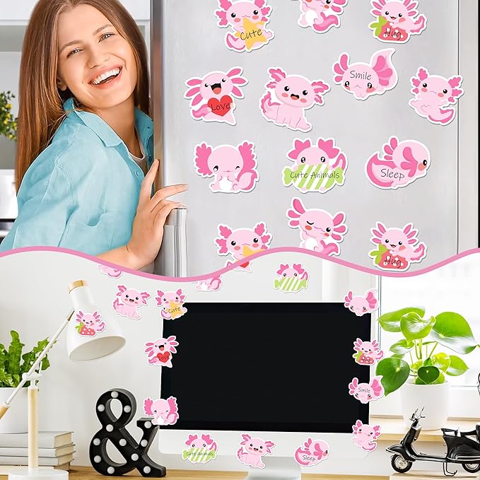 Xqumoi 30 Pack Cute Axolotl Sticky Notes, Mexican Walking Fish Shaped Self Sticky Notepads Animal Writing Memo Pads Teacher Appreciation Gift Back to School Office Supplies Birthday Party Favors