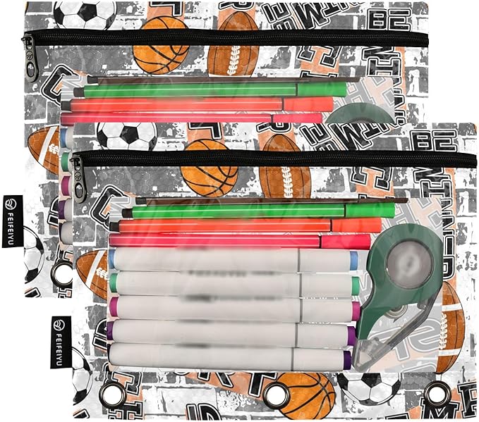 ZAZYXTJ Basketball Football Ball Binder Pencil Pouchs 3 Ring with Zipper Clear Window Office Organizers bag for School Students Teacher Supplies 2 Pack