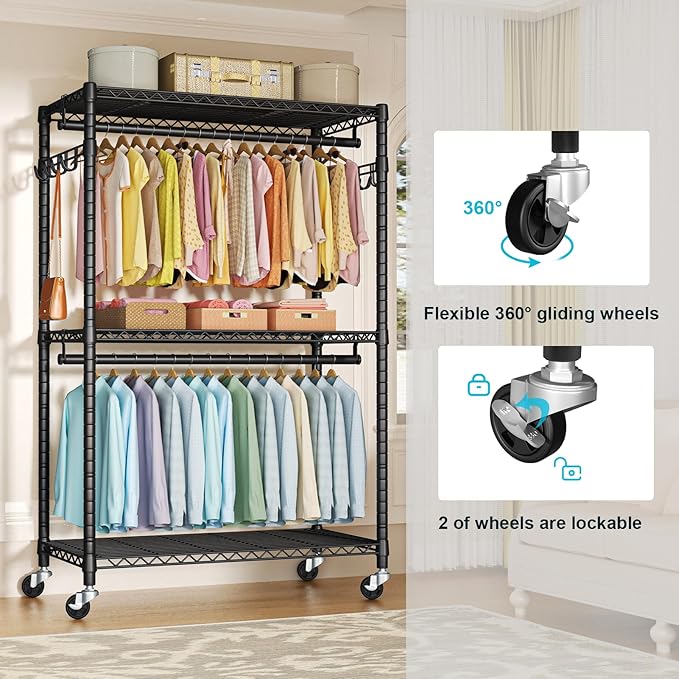 P1 Plus Rolling Clothes Rack, 22mm Diameter Heavy Duty Garment Rack with Wheels, Portable Closet Wardrobe with Double Rods, 45" W x 17.7" D x 80.5" H, Max Load 524 LBS, Black