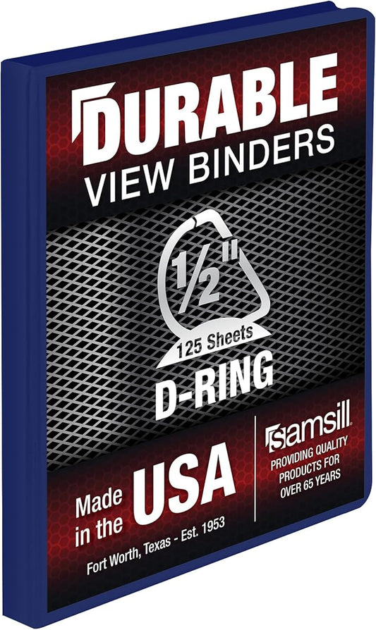 Samsill Durable 0.5 Inch Binder, Made in The USA, D Ring Binder, Customizable Clear View Cover, Dark Blue, Holds 125 Pages