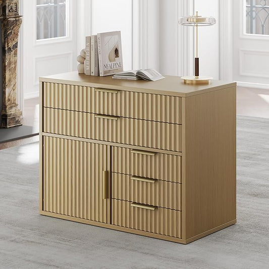 Fluted File Cabinet with 5 Drawers, Large Storage with Cabinet Door, Mobile Filing Cabinet with Locable Wheels for Home Office, Light Walnut