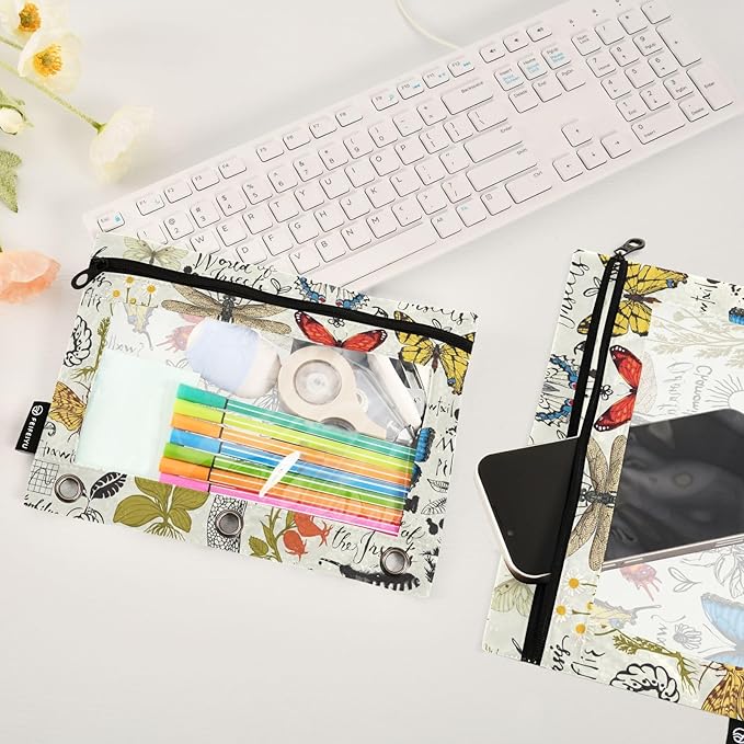 ZAZYXTJ Butterfly Moth Dragonfly Binder Pencil Pouchs 3 Ring with Zipper Clear Window Office Organizers bag for School Students Teacher Supplies 2 Pack