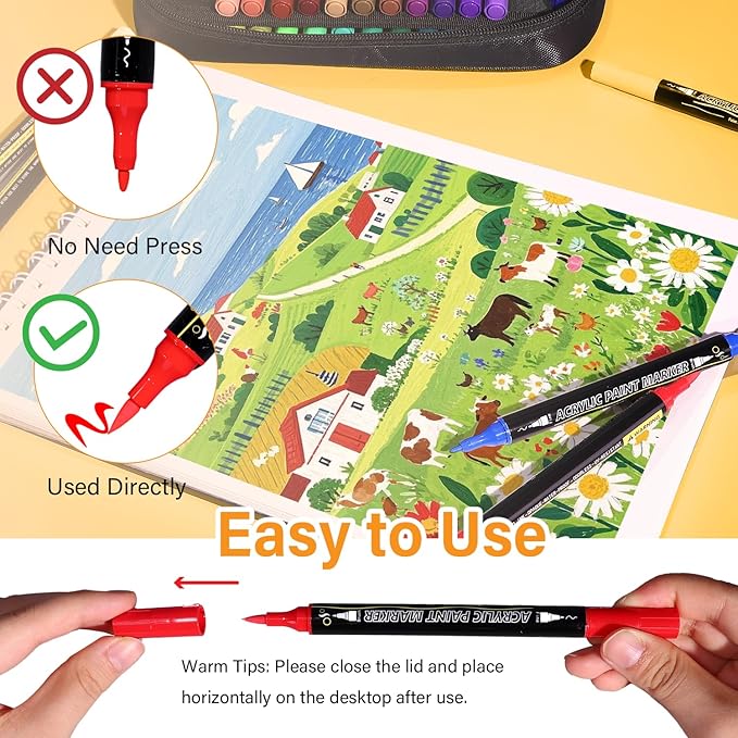 Acrylic Paint Pens, Dual Tip 60 Acrylic Markers with Brush Tip and Fine Tip, Art Supplies for Rock Painting, Wood, Canvas, Glass, Stone, DIY Crafts Drawing Kit with Bag