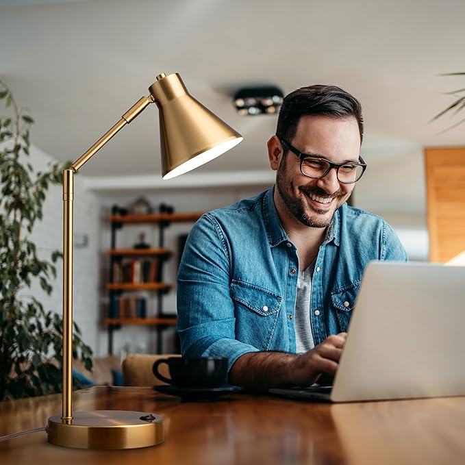 O'Bright Astrum - LED Desk Lamp with Dual USB Charging Ports, 100% Metal, 270 Degree Swivel Arms, Soft White Light (3000K), Bedside & Home Office Table Lamp, ETL Listed, White