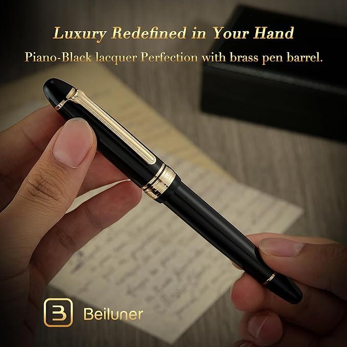 BEILUNER 319 Black Lacquer Rollerball - Stunning Luxury Pen with 24K Gold Finish, Heavy, Schneider Black Ink Refill, Best Gift Set for Men & Women, Professional, Executive Office, Nice Classic Pens