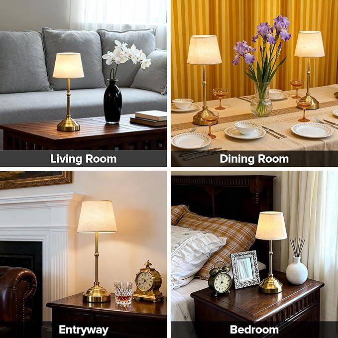 Cordless Table Lamp, Rechargeable Desk Lamp with Fabric Shade, 5400mAH Battery Operated 3 Color Stepless Dimming, Portable Touch Bedside Lamp Home Decor for Dining, Counter (Brushed Gold)