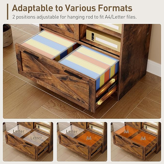 File Cabinet with Charging Station, Vertical Filing Cabinet with Shelves, File Cabinet for Home Office, Printer Stand with Storage Shelves & Barn Doors, Fits A4/Letter Files, Rustic