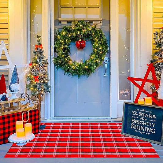 Ckorzen Red Green and White Plaid Rug,3' x 5' Christmas Front Porch Outdoor Rug, Handwoven Cotton Washable Rug for Layered Door Mats, Holiday Entryway and Home Décor