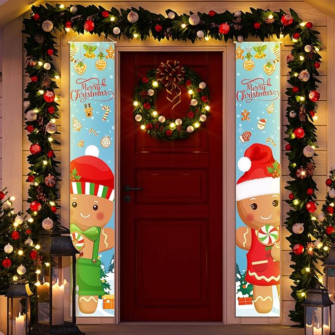 2 Pcs Christmas Porch Sign Gingerbread Door Sign Banner Christmas Hanging Door Banner for Outside Indoor Outdoor Home Front Porch Holiday Xmas Decorations Gingerbread Party Supplies