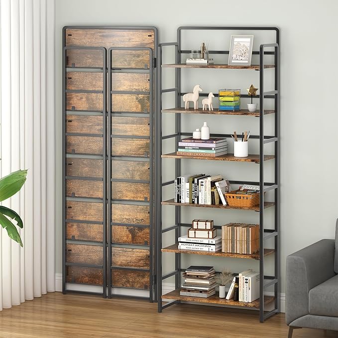 4NM No Assembly 6 Tiers Folding Bookshelf Storage Shelves Vintage Bookcase Standing Racks Study Organizer Home Office (Rustic Brown Black)