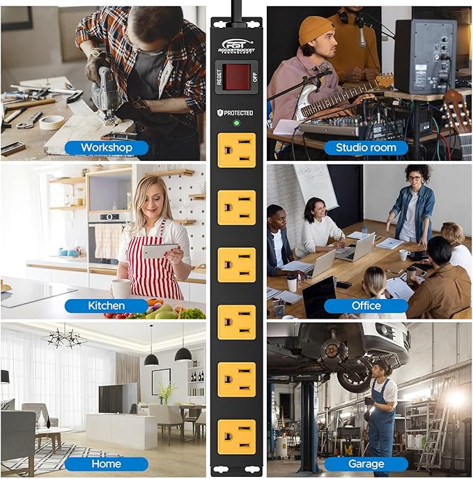CRST 2Pack 6 Outlet Surge Protector Power Strip 2100J with Switch, 15A/1875W Heavy Duty Mountable Power Strip, Wide Spaced Power Bar for Garage Worshop Home School, 6 FT Cord（ Black+Yellow）