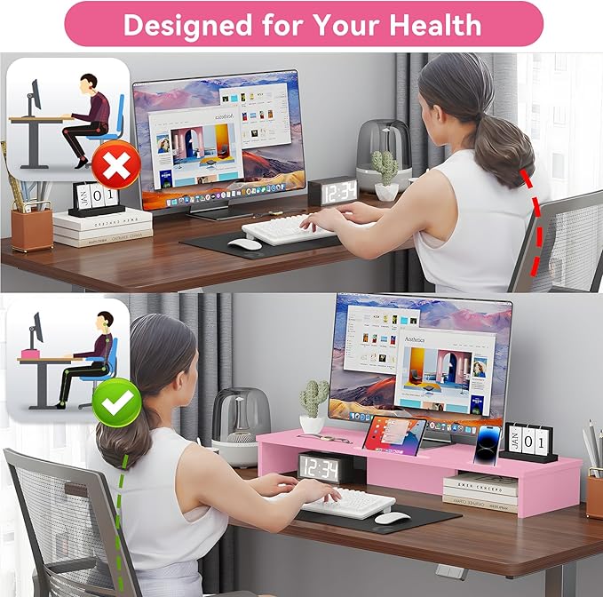 Dual Monitor Stand Riser with Phone Tablet Holder, 35.8in Large Monitor Stand for Desk, Computer Monitor Stand for 2 Monitors, Desk Shelf for Top of Desk, Desktop Organizer for Laptop, Printer, TV