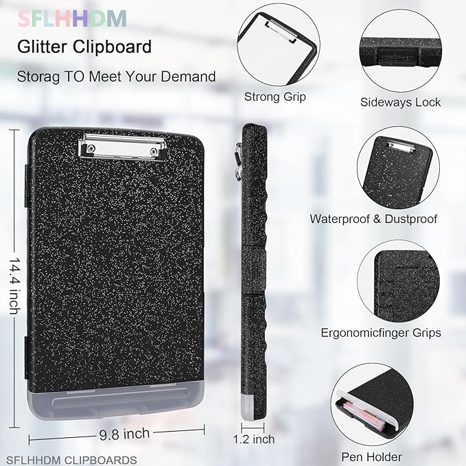 Glitter Clipboard with Storage,Storage Clipboard with Pen Holder,A4 Binder Clip Boards 8.5x11 with Low Profile Clip,Side Opening Sparkle Clipboards, Clipboards Folder for Office Supplies-Starry Black