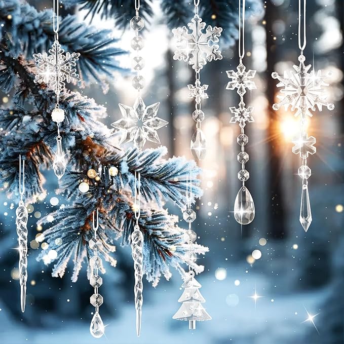 Lanpn 22pcs Christmas Ornaments Crystal Christmas Tree Decoration, Hanging Clear Acrylic Snowflake Icicle Drop Crystal Pendants for Xmas Tree Winter New Year Outdoor Indoor Party Decor (Transparent)