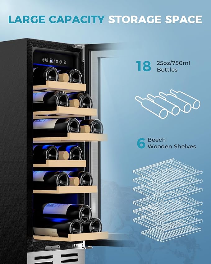 EUHOMY 12 Inch Wine Cooler Refrigerator, Wine Fridge 18 Bottles, Built-in or Freestanding with Double-Layer Tempered Glass Door, Mini Fridge with Quiet and Temperature Memory Function