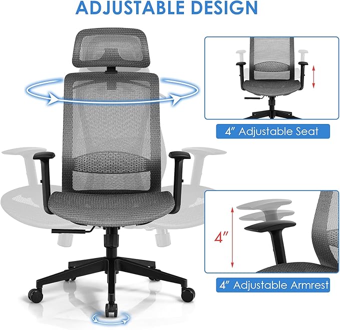 POWERSTONE Ergonomic Mesh Office Chair - High Back Computer Desk Tilt Lock Mesh Seat with Lumbar Support and Clothing Hanger, Executive Swivel Mesh Chair with Adjustable Arms and Headrest (Grey)